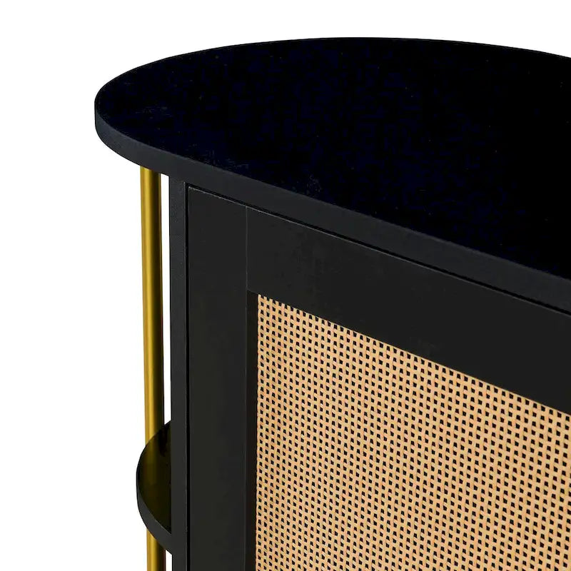 2-Door Curved Dining Cabinet - Elegant with Gold Trim and Woven Rattan Doors