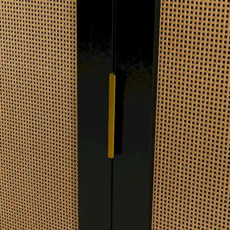 2-Door Curved Dining Cabinet - Elegant with Gold Trim and Woven Rattan Doors