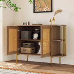 2-Door Curved Dining Cabinet - Elegant with Gold Trim and Woven Rattan Doors