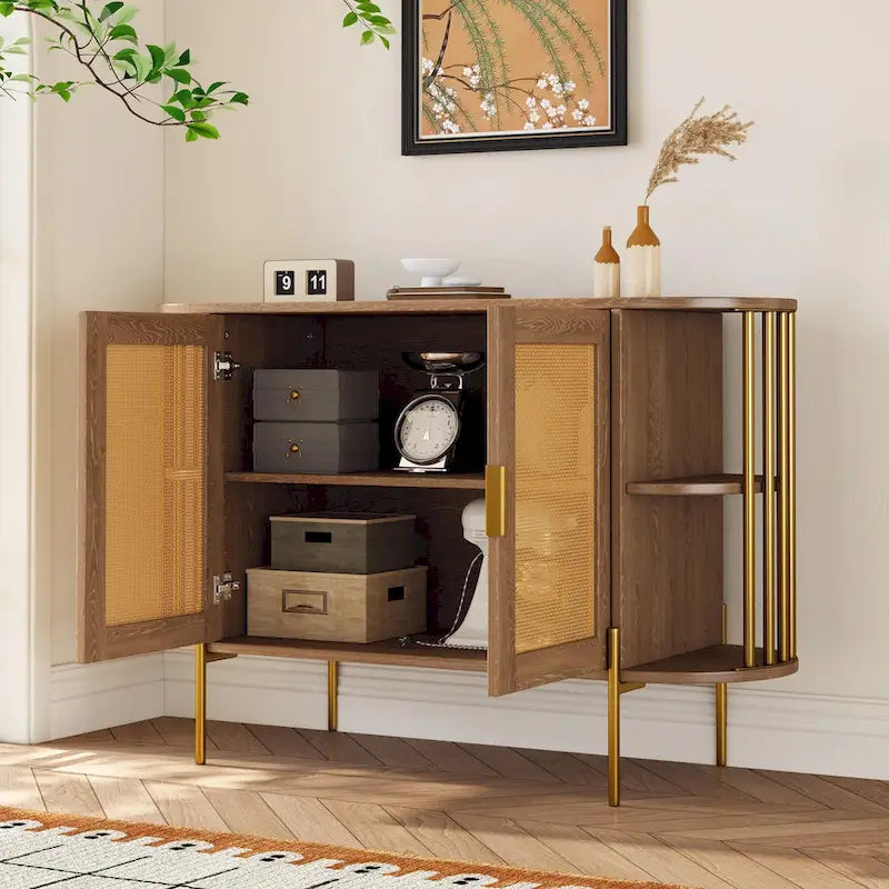 2-Door Curved Dining Cabinet - Elegant with Gold Trim and Woven Rattan Doors