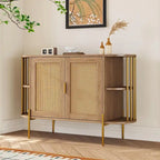 2-Door Curved Dining Cabinet - Elegant with Gold Trim and Woven Rattan Doors