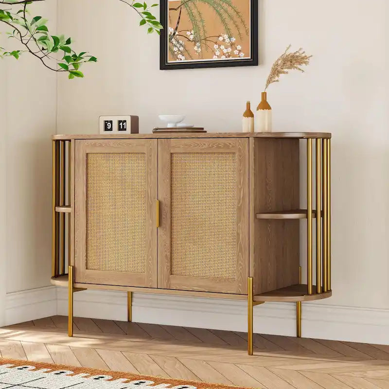 2-Door Curved Dining Cabinet - Elegant with Gold Trim and Woven Rattan Doors