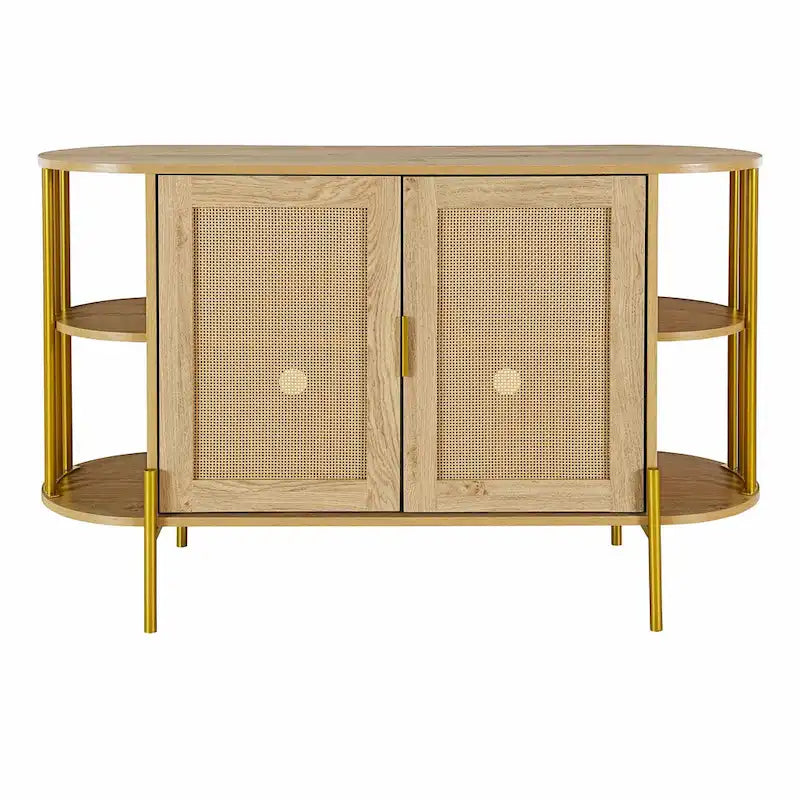 2-Door Curved Dining Cabinet - Elegant with Gold Trim and Woven Rattan Doors