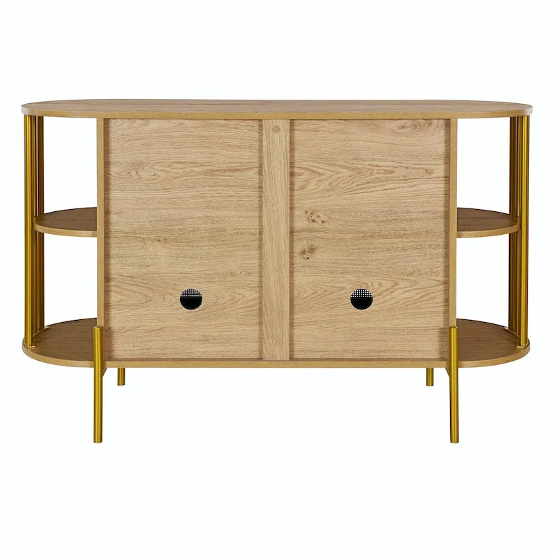 2-Door Curved Dining Cabinet - Elegant with Gold Trim and Woven Rattan Doors