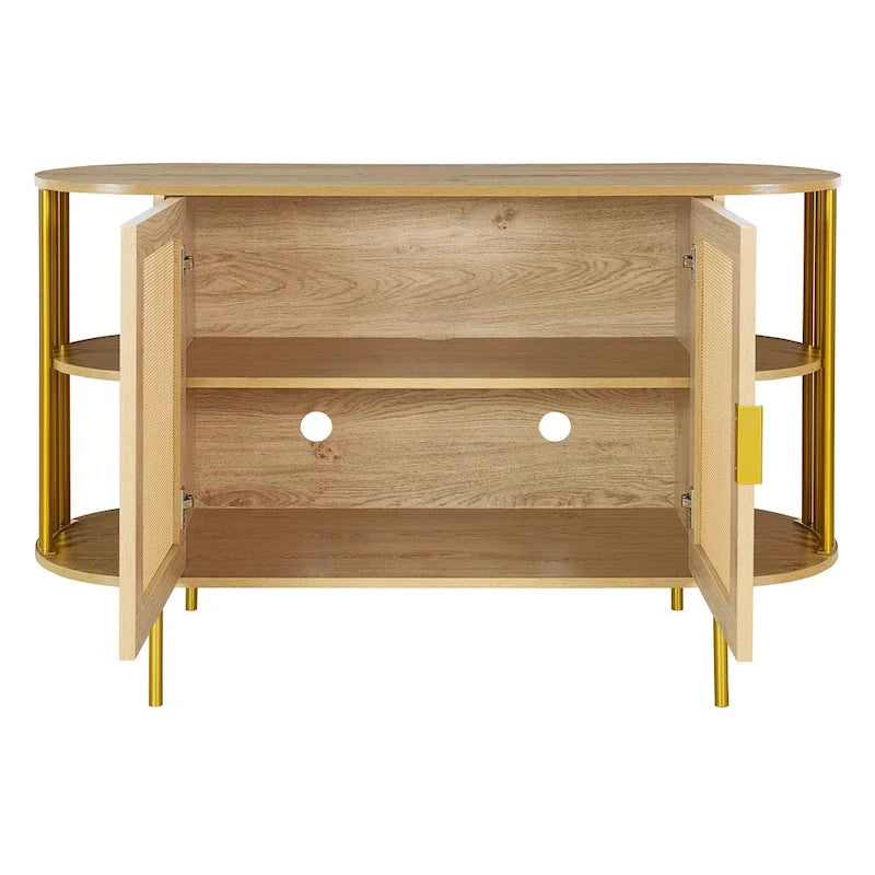 2-Door Curved Dining Cabinet - Elegant with Gold Trim and Woven Rattan Doors