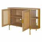 2-Door Curved Dining Cabinet - Elegant with Gold Trim and Woven Rattan Doors