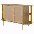 2-Door Curved Dining Cabinet - Elegant with Gold Trim and Woven Rattan Doors
