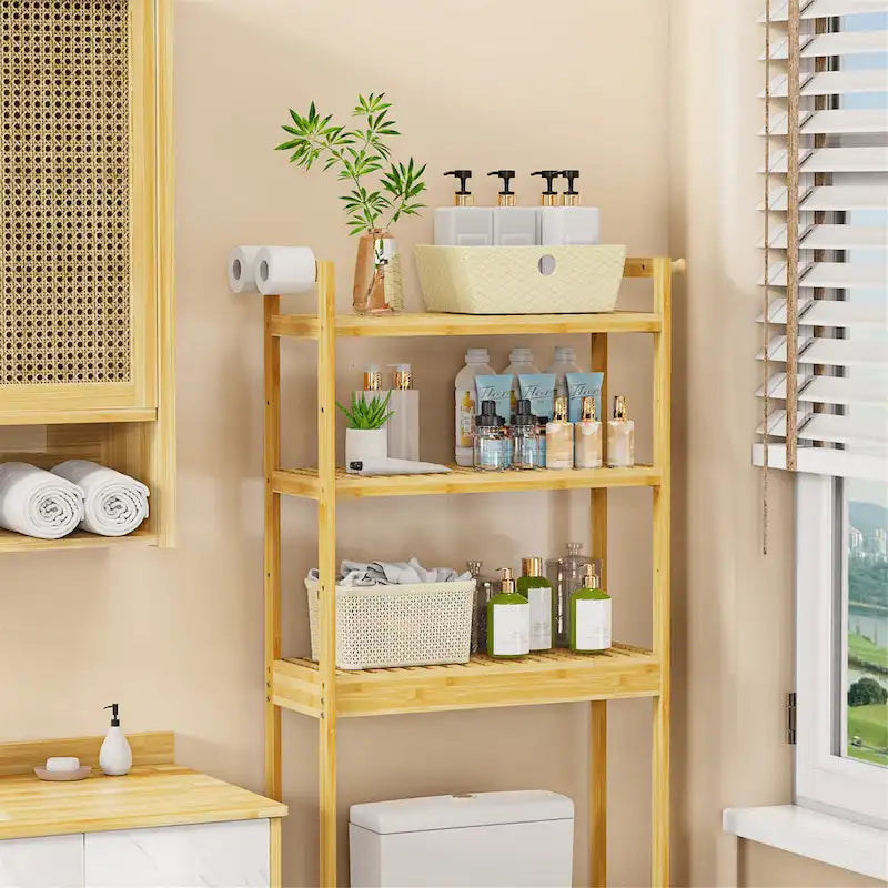 Over Toilet Shelf Space-saving Bamboo Bathroom Cabinet Rack Adjustable