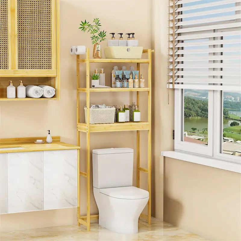 Over Toilet Shelf Space-saving Bamboo Bathroom Cabinet Rack Adjustable